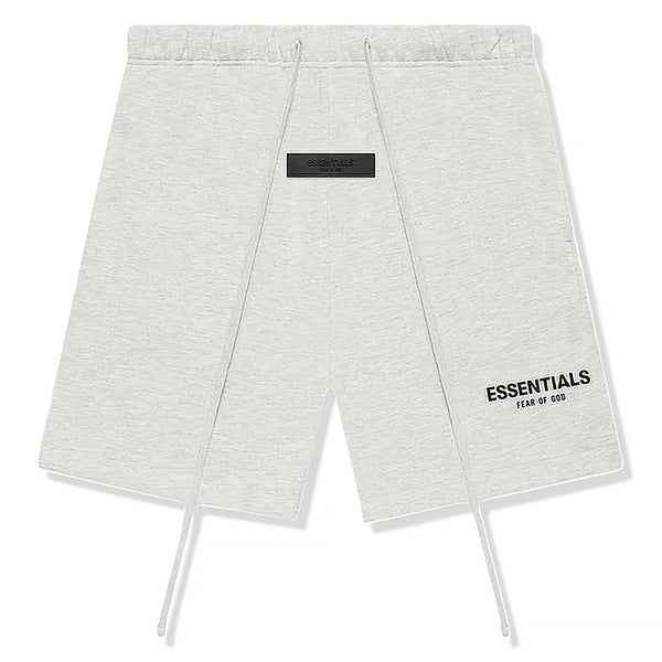 FEAR OF GOD ESSENTIALS sweatshort in light gray with adjustable drawstrings and logo details.