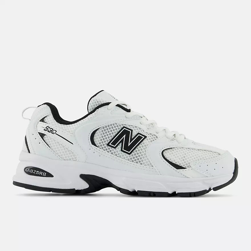 New Balance Men Sneaker 530 White Black side view showcasing its sleek design and breathable mesh at Volonka.