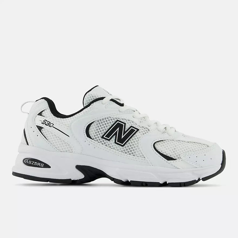 New Balance Men Sneaker 530 White Black side view showcasing its sleek design and breathable mesh at Volonka.