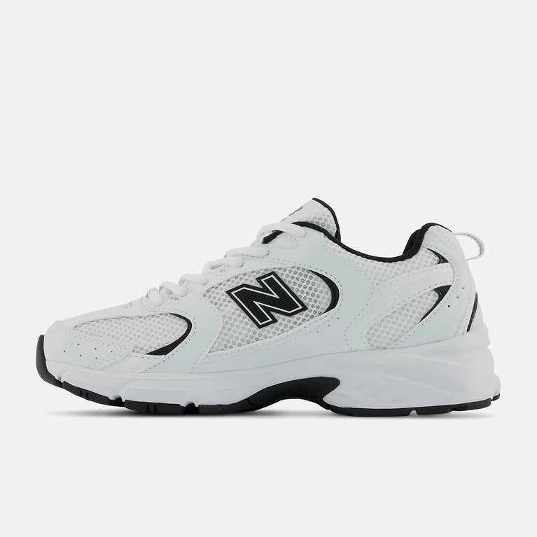 New Balance Men Sneaker 530 White Black side view showcasing its sleek design and breathable mesh at Volonka.