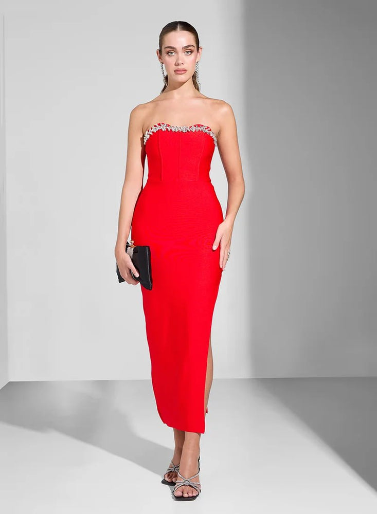 Red Strapless Column Dress for Women