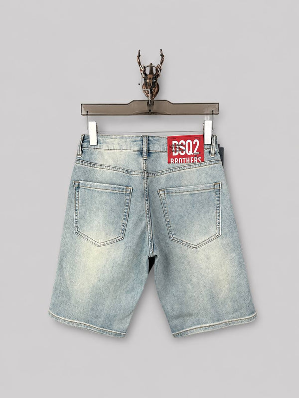 Dsquared2 Designer Denim Shorts hanging on display showcasing back view and tag details.