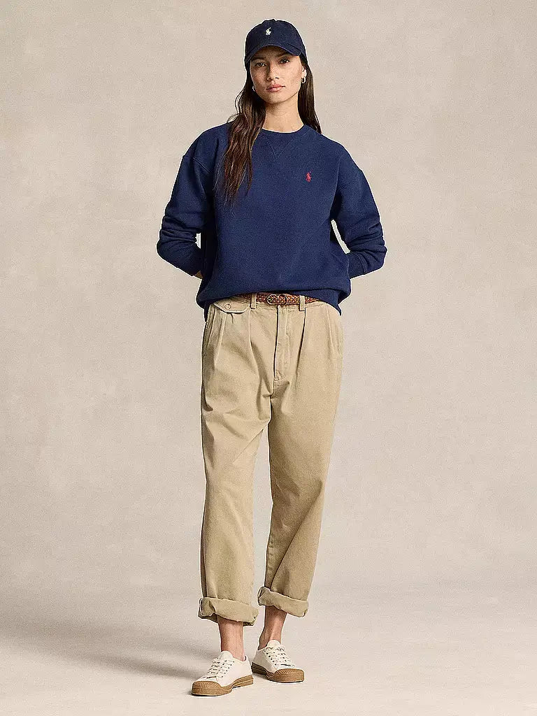 Men's Polo Ralph Lauren navy sweatshirt paired with beige pants