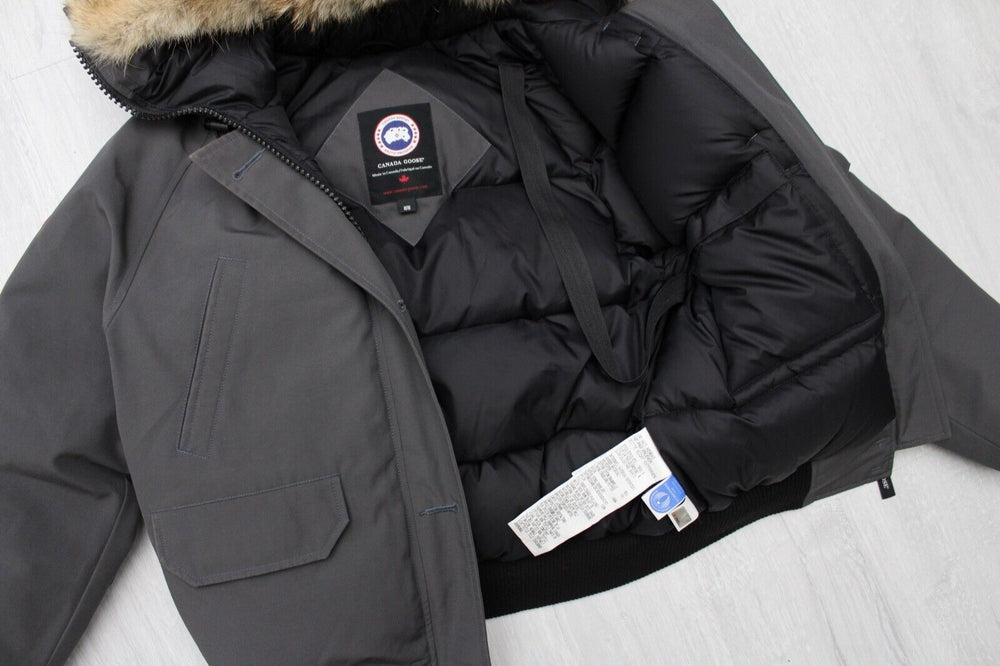 Gray winter jacket with fur hood. Canada Goose Chilliwack Bomber Women's Winter Hooded Jacket in volonka shop