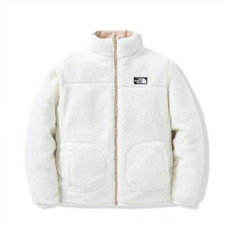 The NorthFace Two Sided Coat for Women and Men. White fleece jacket with a brand logo on a white background