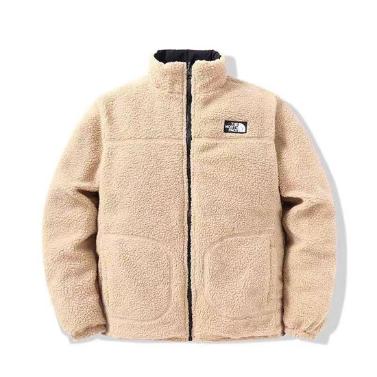 Beige fleece jacket with a brand logo,The NorthFace Two Sided Coat for Women and Men