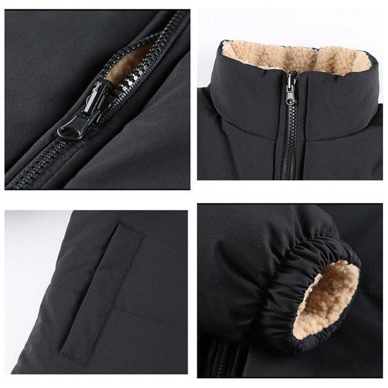 The NorthFace Two Sided Coat for Women and Men. Collage of a black jacket with fur-lined hood and zipper details.