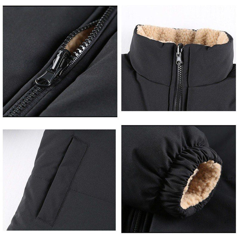 The NorthFace Two Sided Coat for Women and Men. Collage of a black jacket with fur-lined hood and zipper details.