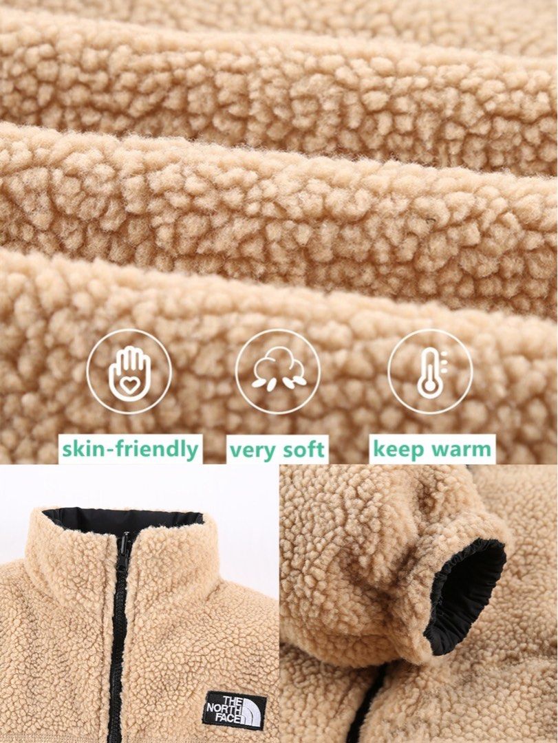 Close-up of a beige fleece jacket with texture details and feature icons indicating skin-friendliness, softness, and warmth.